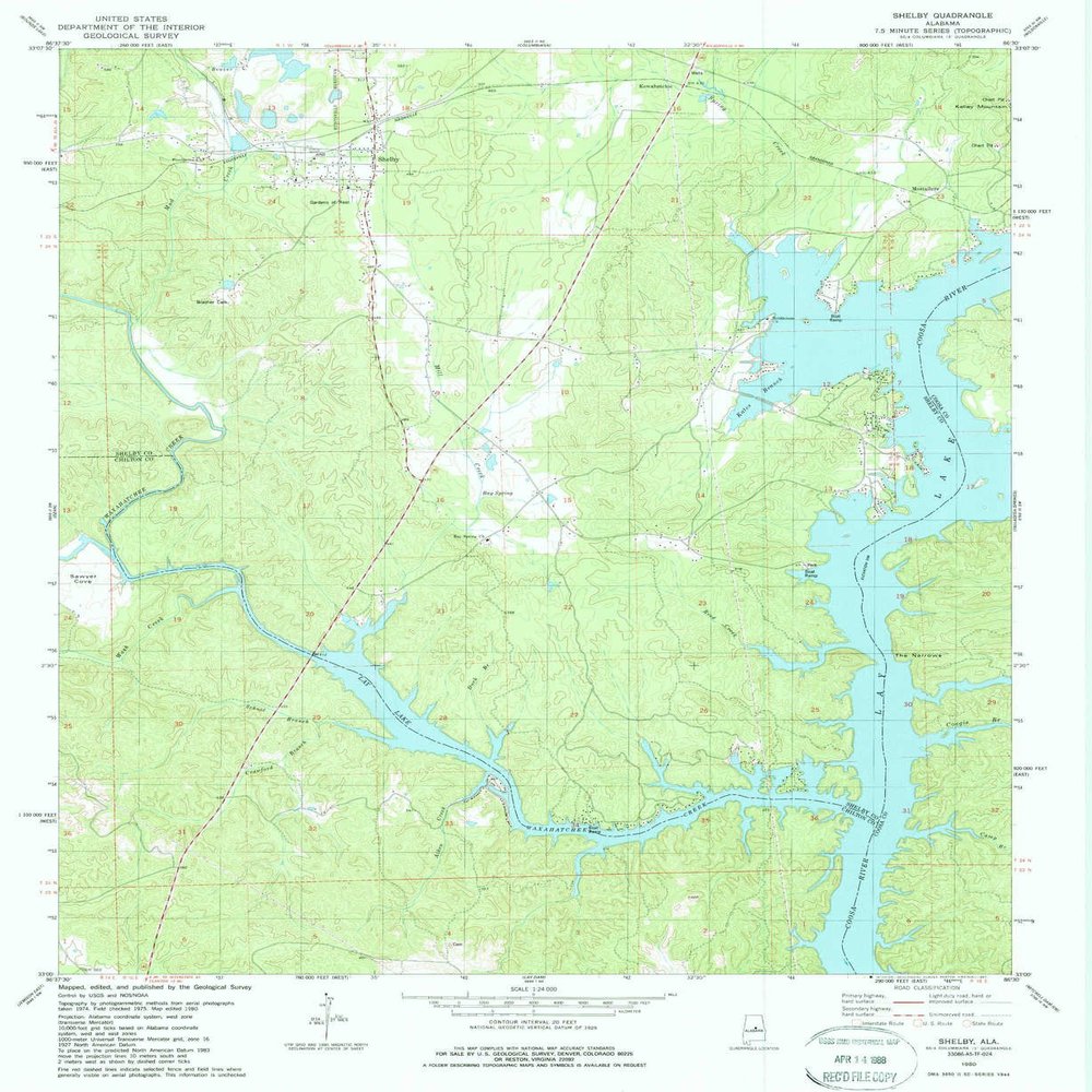 YellowMaps Shelby AL topo map, 1:24000 Scale, 7.5 X 7.5 Minute, Historical, 1980, Updated 1987, 26.8 x 22 in - Tyvek