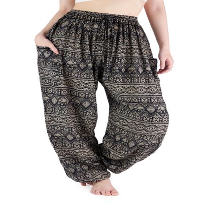 Lannaclothesdesign Women's Elephant Hippie Boho Yoga Harem Pants PJ (L, Grey Small Line Elephant)