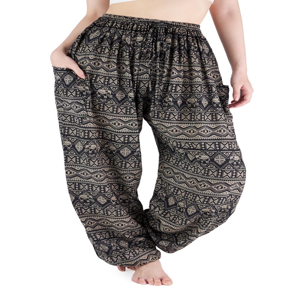 Lannaclothesdesign Women's Elephant Hippie Boho Yoga Harem Pants PJ (L, Grey Small Line Elephant)