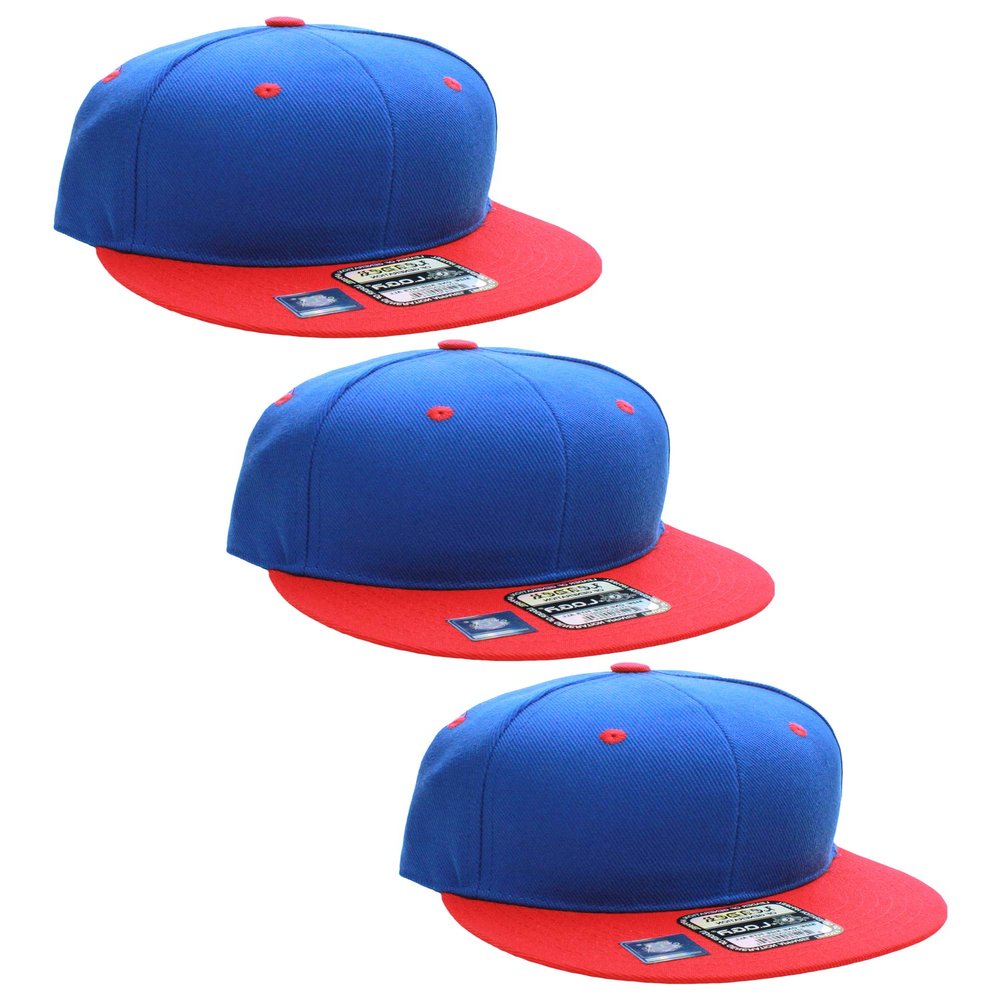 D&I Plain Flat Bill Visor Blank Snapback Hat Cap with Adjustable Snaps - 3 Pk - Ry/Red, Ry/Red, Ry/Red