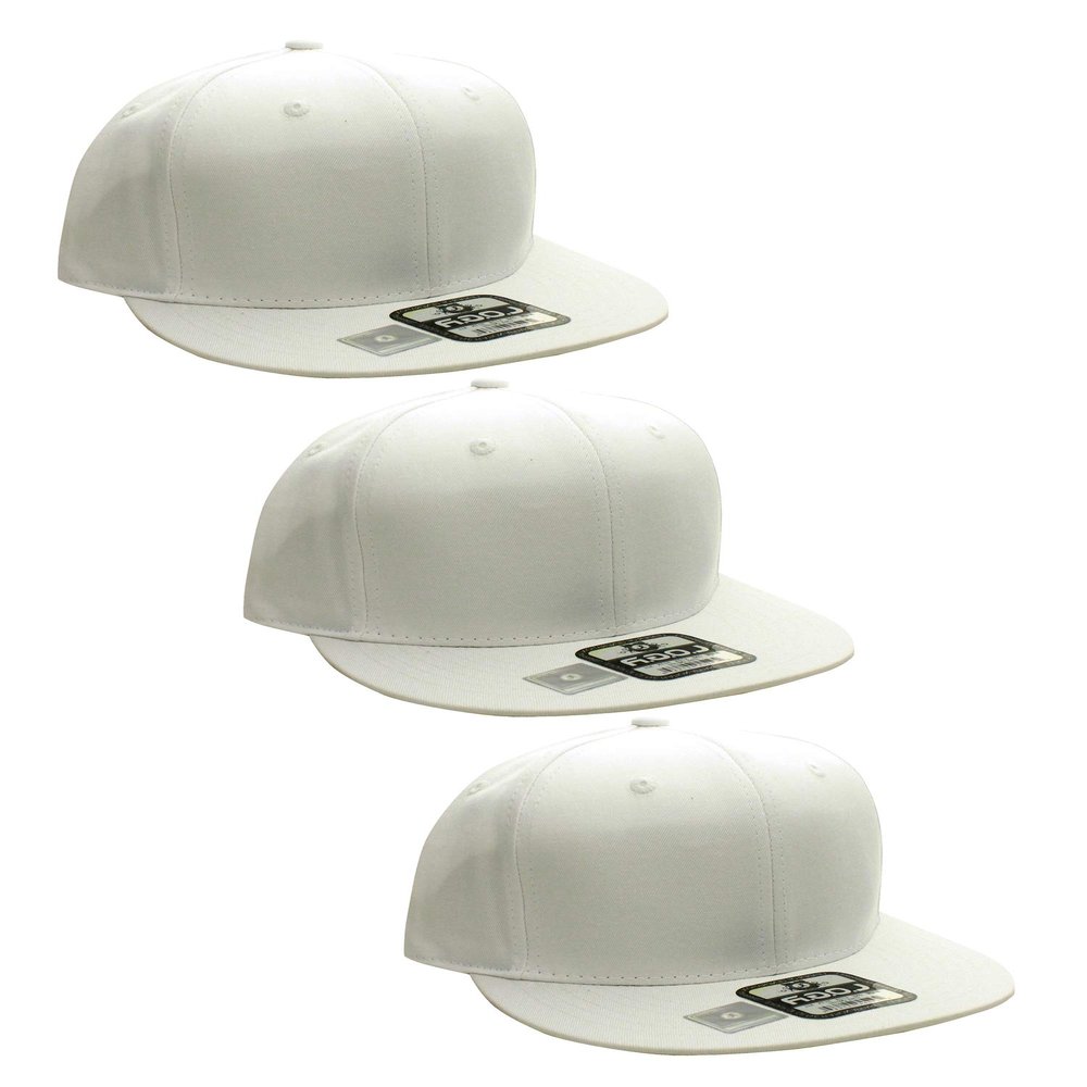 D&I Plain Flat Bill Visor Blank Snapback Hat Cap with Adjustable Snaps - 3 Pk - White, White, White