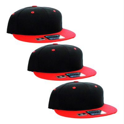 D&I Plain Flat Bill Visor Blank Snapback Hat Cap with Adjustable Snaps - 3 Pk - Bk/Red, Bk/Red, Bk/Red