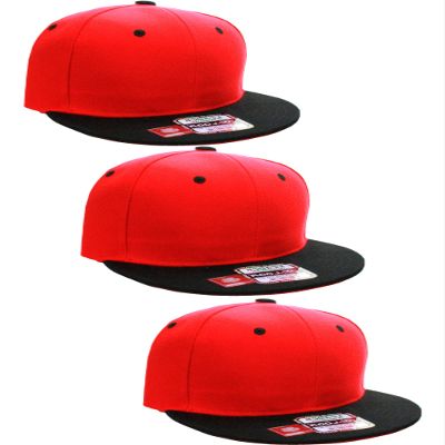 D&I Plain Flat Bill Visor Blank Snapback Hat Cap with Adjustable Snaps - 3 Pk - Red/Bk, Red/Bk, Red/Bk