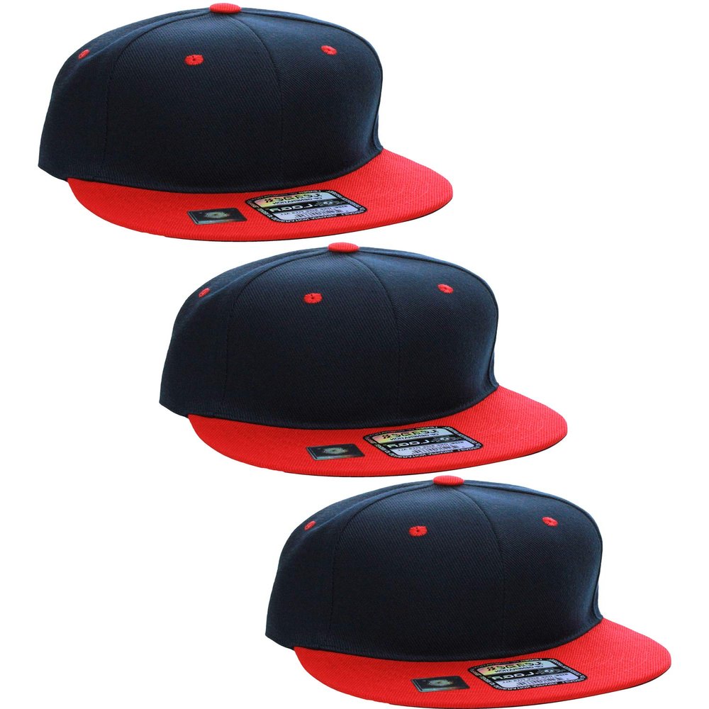 D&I Plain Flat Bill Visor Blank Snapback Hat Cap with Adjustable Snaps - 3 Pk - Nv/Red, Nv/Red, Nv/Red