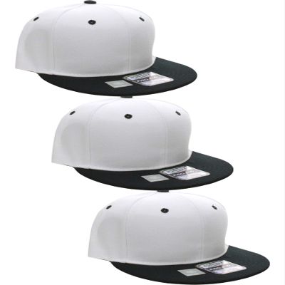 D&I Plain Flat Bill Visor Blank Snapback Hat Cap with Adjustable Snaps - 3 Pk - Wh/Bk, Wh/Bk, Wh/Bk