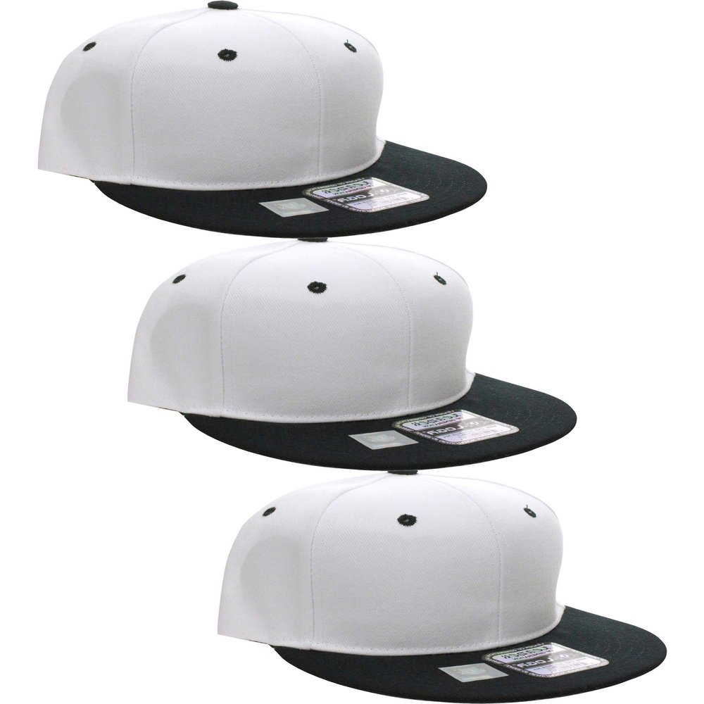 D&I Plain Flat Bill Visor Blank Snapback Hat Cap with Adjustable Snaps - 3 Pk - Wh/Bk, Wh/Bk, Wh/Bk