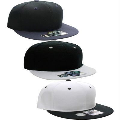 D&I Plain Flat Bill Visor Blank Snapback Hat Cap with Adjustable Snaps - 3 Pk - Bk/Wh, Wh/Bk, Bk/Ch
