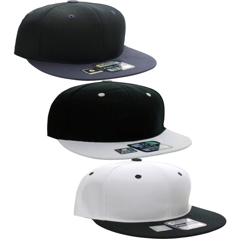 D&I Plain Flat Bill Visor Blank Snapback Hat Cap with Adjustable Snaps - 3 Pk - Bk/Wh, Wh/Bk, Bk/Ch