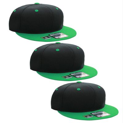 D&I Plain Flat Bill Visor Blank Snapback Hat Cap with Adjustable Snaps - 3 Pk - Bk/Green, Bk/Green, Bk, Green