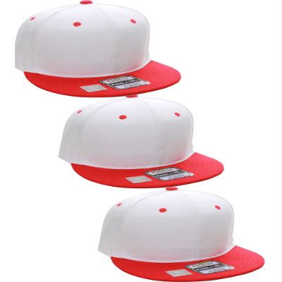 D&I Plain Flat Bill Visor Blank Snapback Hat Cap with Adjustable Snaps - 3 Pk - Wh/Red, Wh/Red, Wh/Red