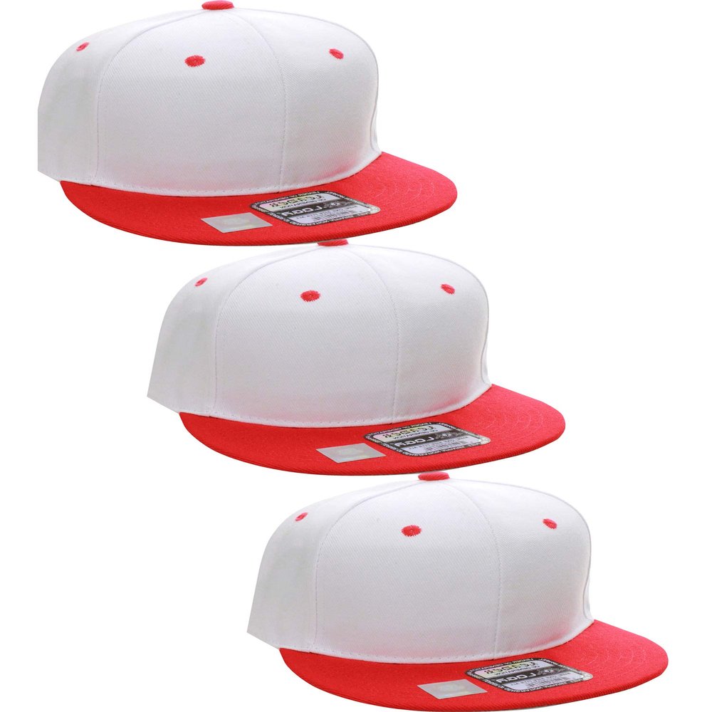 D&I Plain Flat Bill Visor Blank Snapback Hat Cap with Adjustable Snaps - 3 Pk - Wh/Red, Wh/Red, Wh/Red