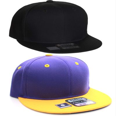 D&I Plain Flat Bill Visor Blank Snapback Hat Cap with Adjustable Snaps - 2 Pk - Bk, Pr/Yw