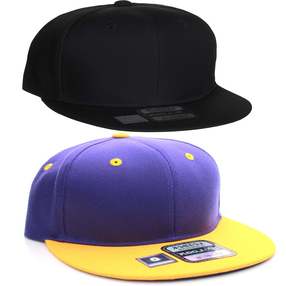 D&I Plain Flat Bill Visor Blank Snapback Hat Cap with Adjustable Snaps - 2 Pk - Bk, Pr/Yw
