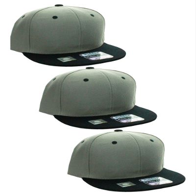 D&I Plain Flat Bill Visor Blank Snapback Hat Cap with Adjustable Snaps - 3 Pk - Gy/Bk, Gy/Bk, Gy/Bk