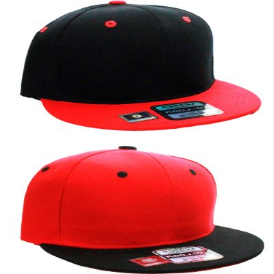 D&I Plain Flat Bill Visor Blank Snapback Hat Cap with Adjustable Snaps - 2 Pk - Red/Bk, Bk/Red