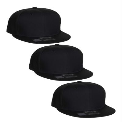D&I Plain Flat Bill Visor Blank Snapback Hat Cap with Adjustable Snaps - 3 Pk - Black, Black, Black