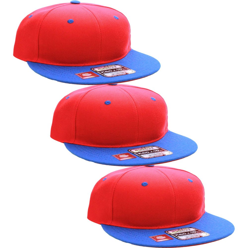 D&I Plain Flat Bill Visor Blank Snapback Hat Cap with Adjustable Snaps - 3 Pk - Red/Ry, Red/Ry, Red/Ry