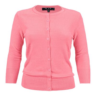 YEMAK Women's Knit Cardigan Sweater  3/4 Sleeve Crewneck Basic Classic Casual Button Down Soft Lightweight Knitted Top CO079-PNK-2X Pink