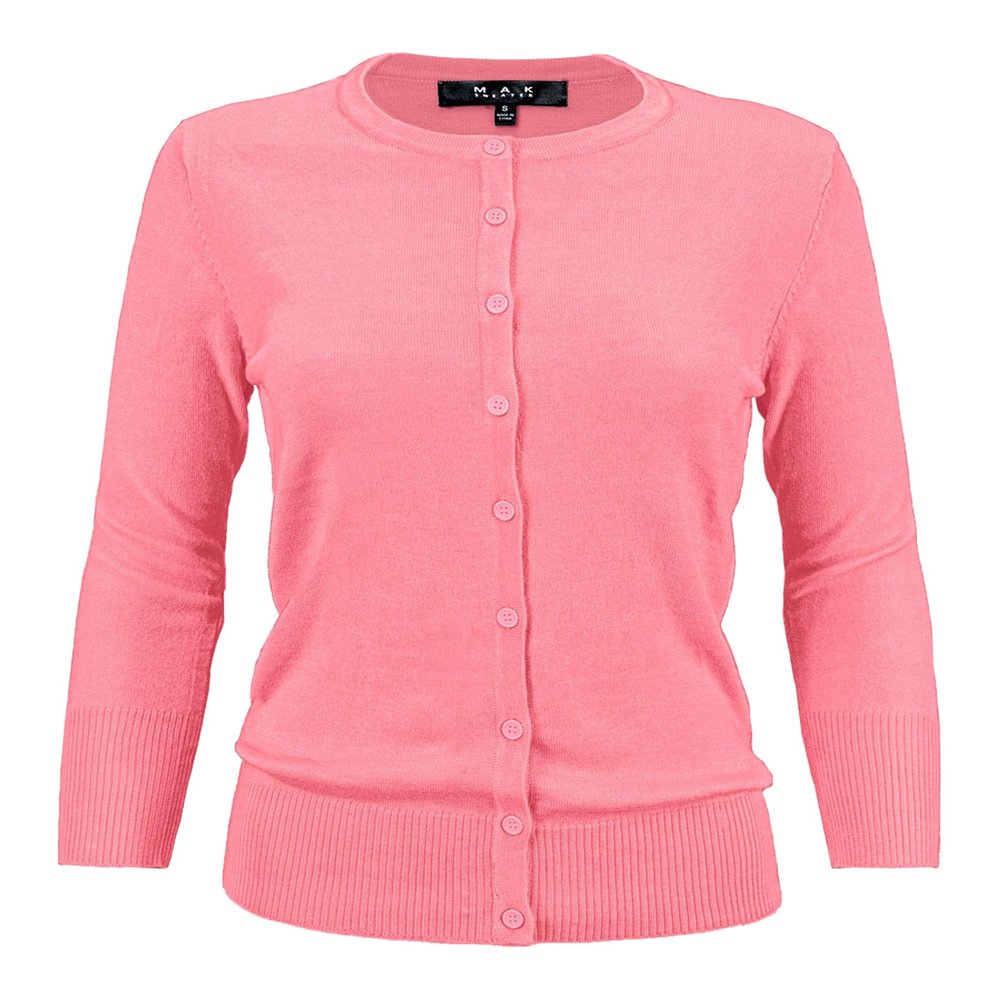 YEMAK Women's Knit Cardigan Sweater 3/4 Sleeve Crewneck Basic Classic Casual Button Down Soft Lightweight Knitted Top CO079-PNK-2X Pink