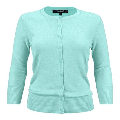 YEMAK Women's Knit Cardigan Sweater  3/4 Sleeve Crewneck Basic Classic Casual Button Down Soft Lightweight Knitted Top CO079-IBL-2X Ice Blue