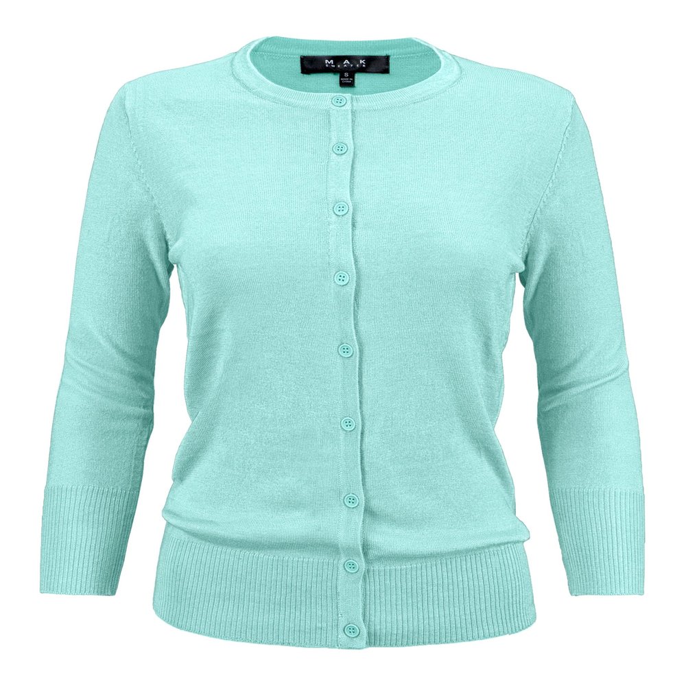 YEMAK Women's Knit Cardigan Sweater 3/4 Sleeve Crewneck Basic Classic Casual Button Down Soft Lightweight Knitted Top CO079-IBL-2X Ice Blue