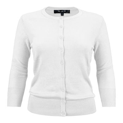 YEMAK Women's Knit Cardigan Sweater  3/4 Sleeve Crewneck Basic Classic Casual Button Down Soft Lightweight Knitted Top CO079-WHT-2X White