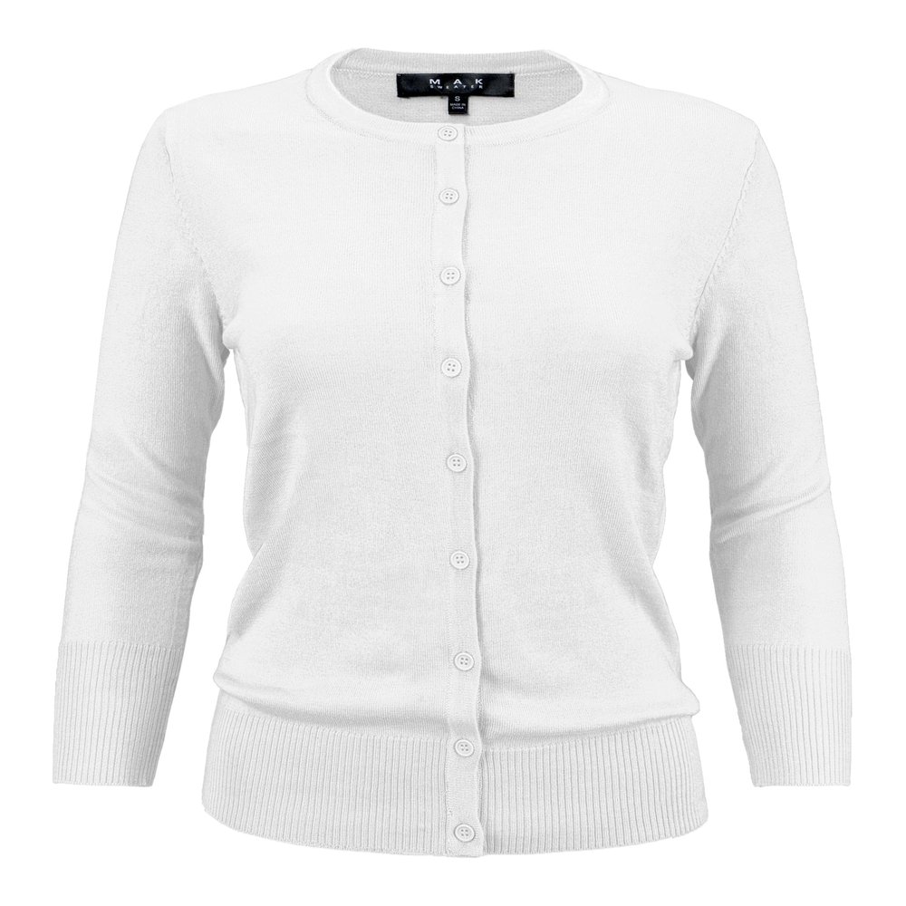 YEMAK Women's Knit Cardigan Sweater 3/4 Sleeve Crewneck Basic Classic Casual Button Down Soft Lightweight Knitted Top CO079-WHT-2X White