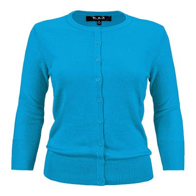 YEMAK Women's Knit Cardigan Sweater 3/4 Sleeve Crewneck Basic Classic Casual Button Down Soft Lightweight Knitted Top CO079-TQS-3X Turquoise