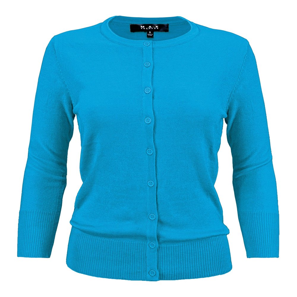 YEMAK Women's Knit Cardigan Sweater 3/4 Sleeve Crewneck Basic Classic Casual Button Down Soft Lightweight Knitted Top CO079-TQS-3X Turquoise