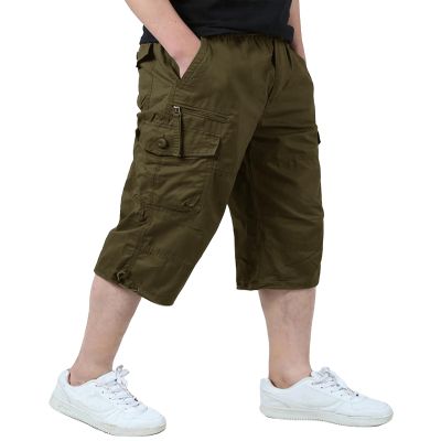 EKLENTSON Mens Capri Pants Workwear Cargo Shorts Below Knee Casual Shorts for Men 3/4 Pants with Multi-Pockets, Army Green, 34