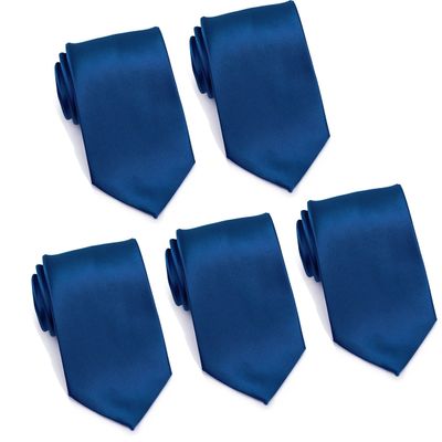 FOMANN Mens Formal Tie Wholesale Lot of 5 Mens Solid Color Wedding Ties 3.5" Satin Finish (Navy Blue)