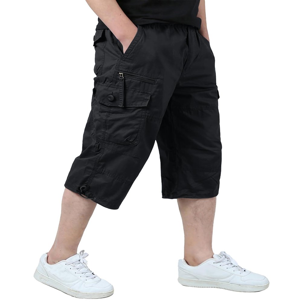 EKLENTSON Cargo Shorts for Men Below Knee Casual Long Shorts for Men Loose Fit Cotton 3/4 Capri Pants with 7 Pockets, Black, 34