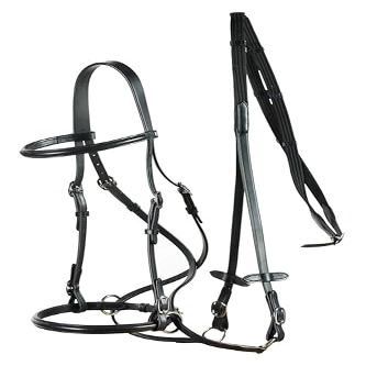 HORZE Genuine Leather Cross-Under Bitless Bridle | Includes Web Reins with Hand Stops - Black - Pony
