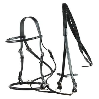 HORZE Genuine Leather Cross-Under Bitless Bridle | Includes Web Reins with Hand Stops - Black - Pony