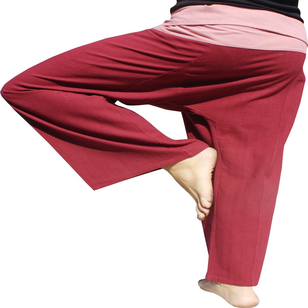 RaanPahMuang Brand Thick Cotton Two Tone Thailand Fisherman Wrap Pants Tall, XX-Large-3X-Large Tall, Burgundy Red-Charm Pink