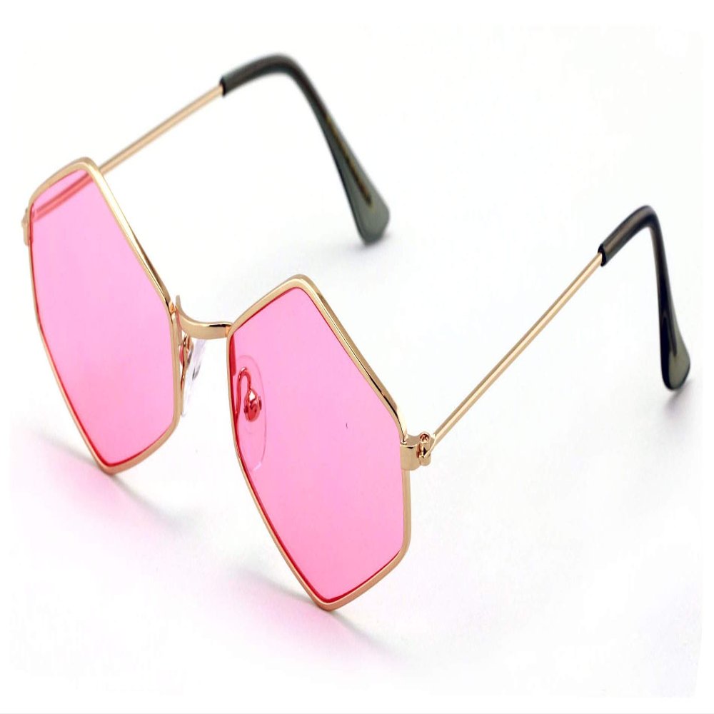 V.W.E. Metal Frame Slim Temple Color Lens Hexagon Sunglasses Rock and Roll (Pink)