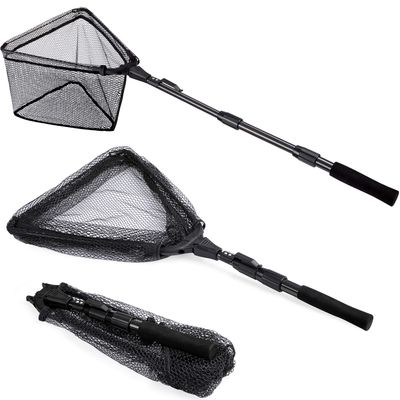 PLUSINNO Fishing Net Fish Floating Landing Net, Kayak Nets with Fixed Foldable Telescopic Pole Handle,Bass Trout Fishing Nets with Nylon Mesh for Pond Lake River,Fishing Gear Gifts for Men,Black 1.2M