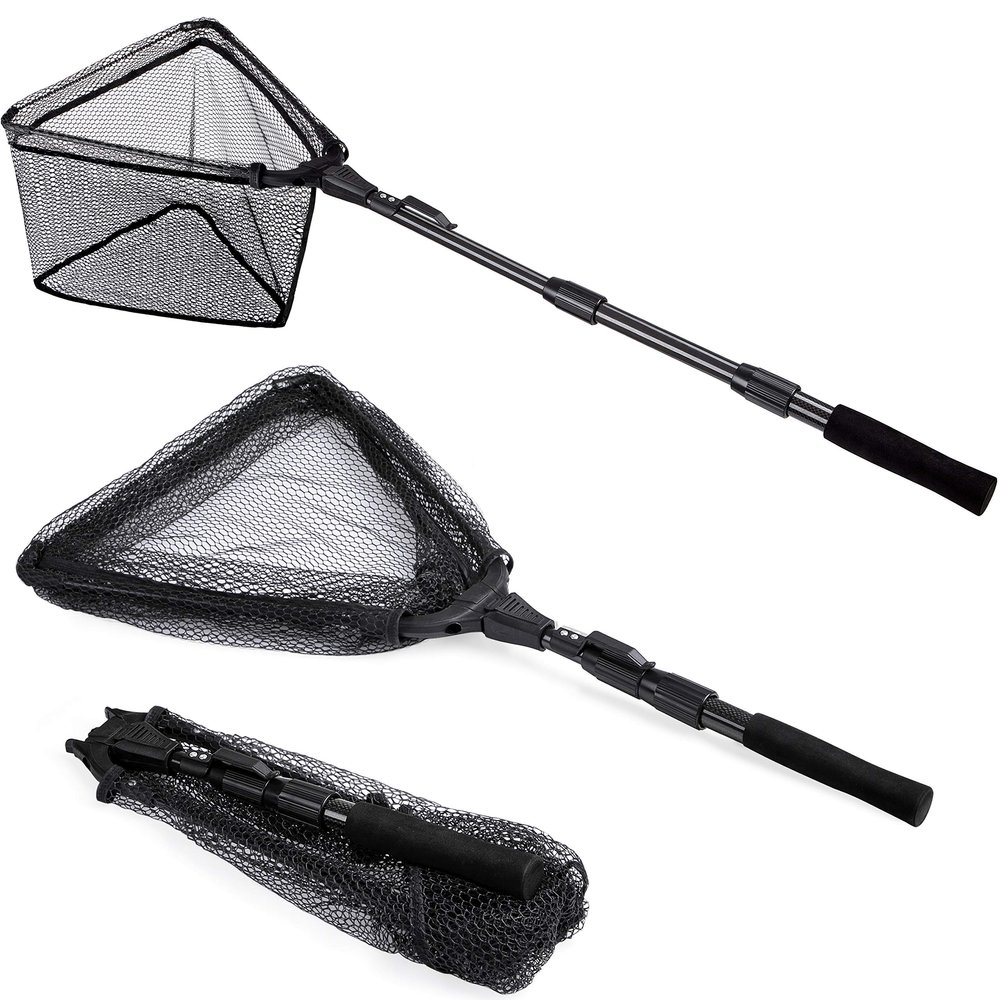 PLUSINNO Fishing Net Fish Floating Landing Net, Kayak Nets with Fixed Foldable Telescopic Pole Handle,Bass Trout Fishing Nets with Nylon Mesh for Pond Lake River,Fishing Gear Gifts for Men,Black 1.2M