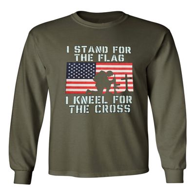 I Stand for The Flag I Kneel for Cross Long Sleeve Military Tee,Military Green,L