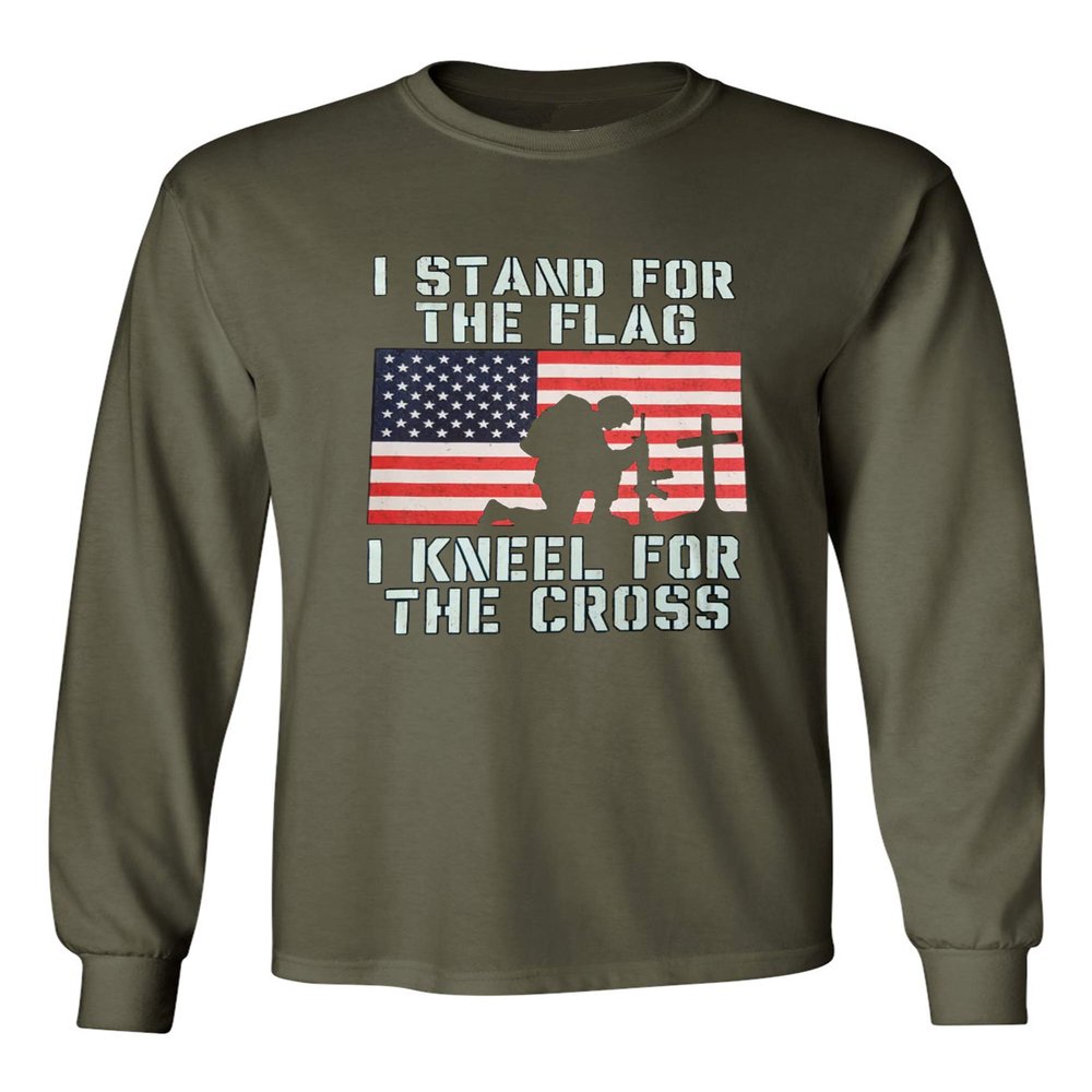 I Stand for The Flag I Kneel for Cross Long Sleeve Military Tee,Military Green,L