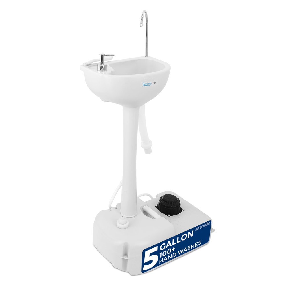 SereneLife Portable Camping Sink with 19L (5+ Gallon) Water Tank, Hands-Free Foot Pump, Soap Dispenser & Towel Holder, Compact Design with Carry Handle Perfect for Camping, Worksites, Outdoors