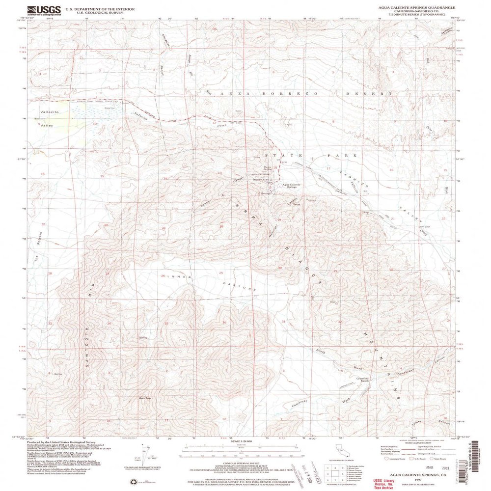 YellowMaps Agua Caliente Springs CA topo map, 1:24000 Scale, 7.5 X 7.5 Minute, Historical, 1997, Updated 2003, 26.8 x 22 in - Tyvek