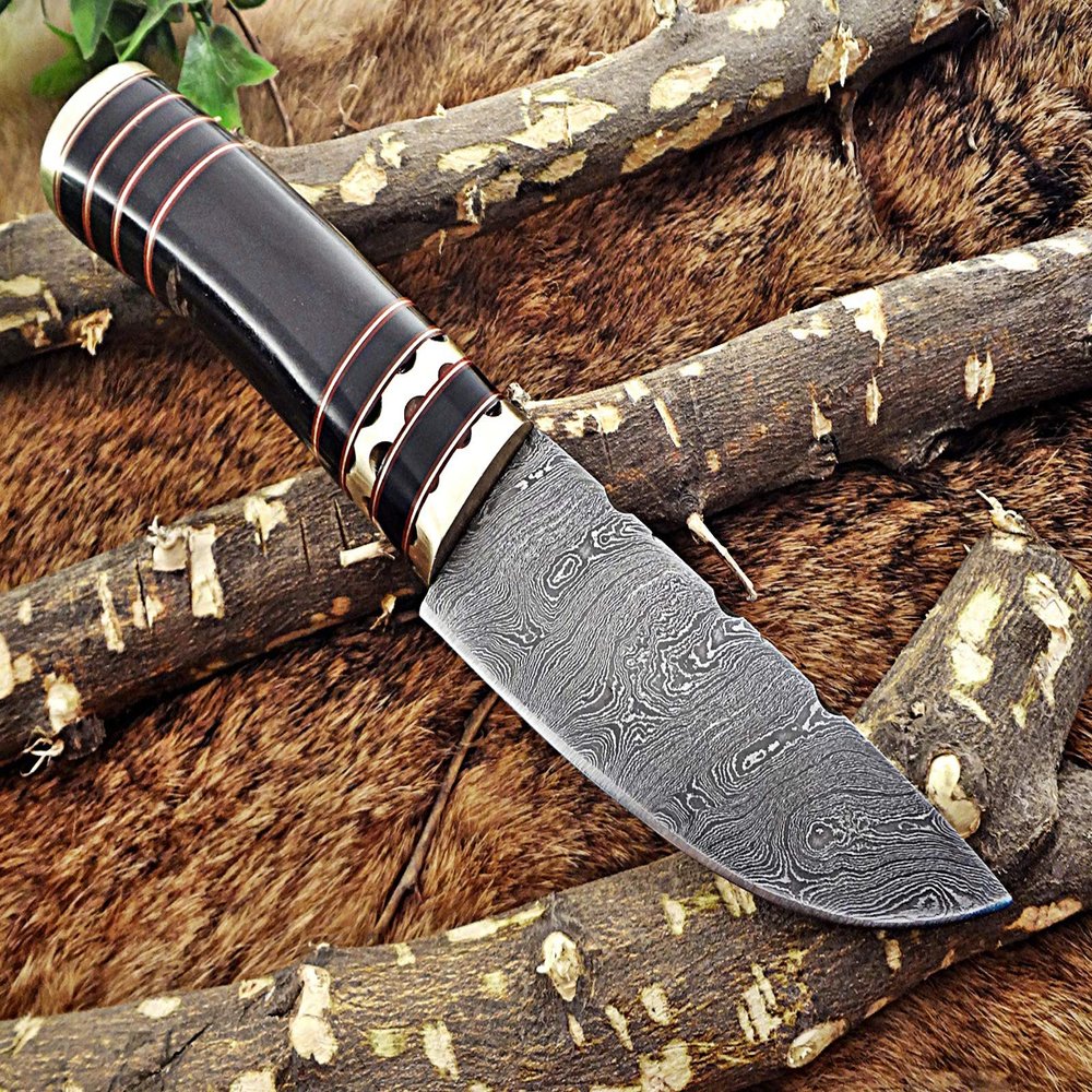 9.5" Long Damascus Steel Skinning Knife Hand Forged Twist Pattern Damascus Steel, Bull Horn Round Scale Crafted with Engraved Brass Spacer & Cap, Thick Cow Hide Leather Sheath (Black)