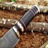 9.5" Long Damascus Steel Skinning Knife Hand Forged Twist Pattern Damascus Steel, Bull Horn Round Scale Crafted with Engraved Brass Spacer & Cap, Thick Cow Hide Leather Sheath (Black) view 2