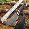 9.5" Long Damascus Steel Skinning Knife Hand Forged Twist Pattern Damascus Steel, Bull Horn Round Scale Crafted with Engraved Brass Spacer & Cap, Thick Cow Hide Leather Sheath (Black) view 4