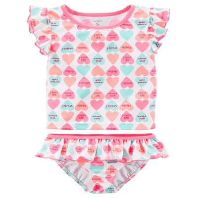 Carter's Girls' Short Sleeve Rash Guard Swimsuit Set (Baby/Toddler/Kid) (3 Months, White/Candy Heart)