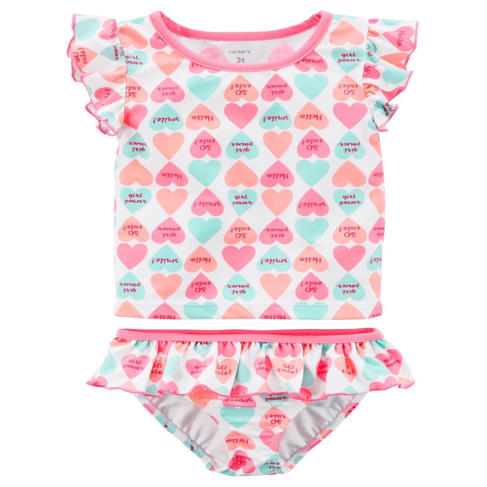 Carter's Girls' Short Sleeve Rash Guard Swimsuit Set (Baby/Toddler/Kid) (3 Months, White/Candy Heart)