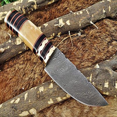 9.5" Long Damascus Steel Skinning Knife Hand Forged Twist Pattern Damascus Steel, Bull Horn & Camel Bone Round Scale with Engraved Brass & Cap, Thick Cow Hide Leather Sheath