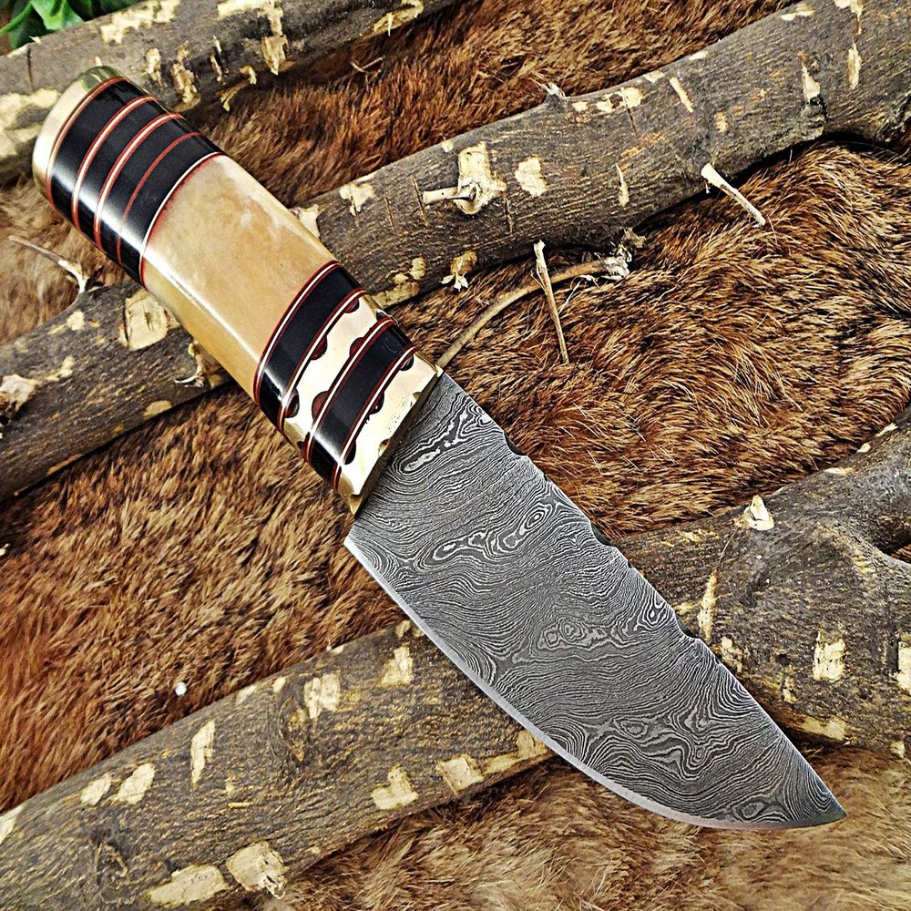 9.5" Long Damascus Steel Skinning Knife Hand Forged Twist Pattern Damascus Steel, Bull Horn & Camel Bone Round Scale with Engraved Brass & Cap, Thick Cow Hide Leather Sheath