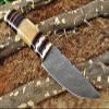9.5" Long Damascus Steel Skinning Knife Hand Forged Twist Pattern Damascus Steel, Bull Horn & Camel Bone Round Scale with Engraved Brass & Cap, Thick Cow Hide Leather Sheath view 1
